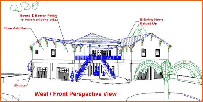 Architectural rendering of a two-story house addition with blue railings and stairs, set in a tropical environment.