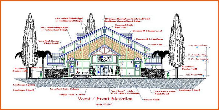 Architectural elevation drawing of a building with trees, landscaping, and text annotations.