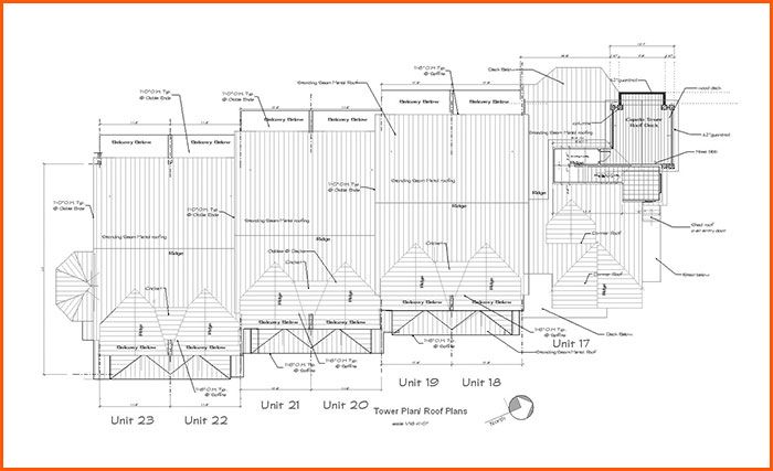 Top-down architectural drawing of a building's roof with units labeled and dimensions shown.