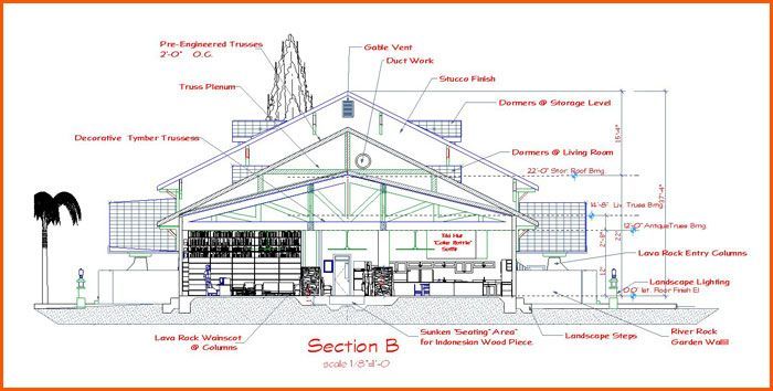 Sectional view of a building with labeled architectural components.