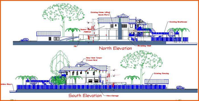 Architectural elevations of a building with labeling, showing the north and south sides of the structure.