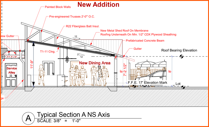 Architectural cross-section of a new dining area with roof details and dimensions.