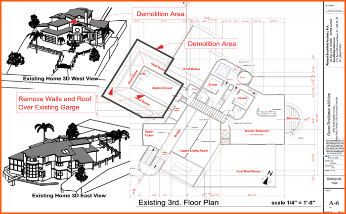 Architectural plan showing a house's 3rd floor. Includes demolition areas, 3D views, and a floor plan.