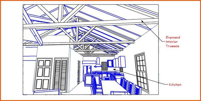 Blue line drawing of a kitchen and dining area with exposed interior trusses. Includes cabinets, table, and windows.