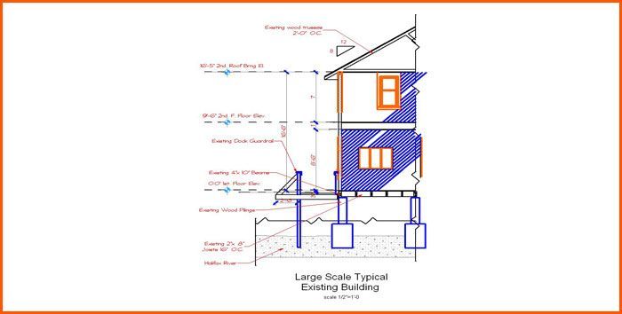 Architectural drawing: section view of a two-story building with blue cross-hatching to indicate material.