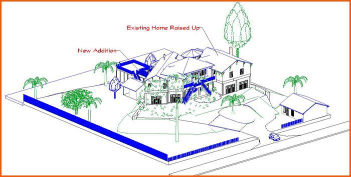 Architectural drawing of a house with a new addition and the existing home. Blue fence, palms, and a tree are also shown.