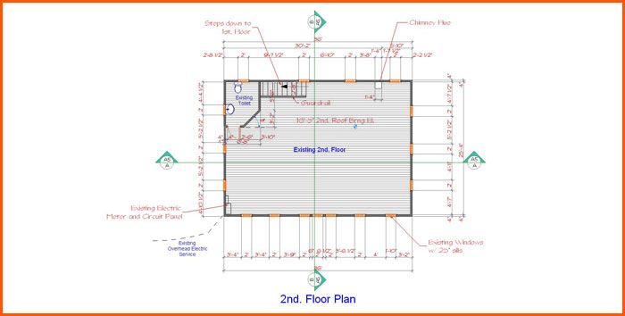 2nd floor plan showing a rectangular building layout with dimensions, stairs, and annotations.