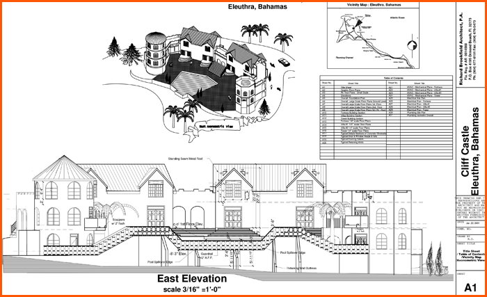 Architectural drawing of Cliff Castle, Eleuthera, Bahamas, with elevation and site plan.