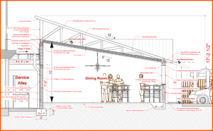 Architectural cross-section of a dining room with exposed beams, showing ceiling height, table and people.