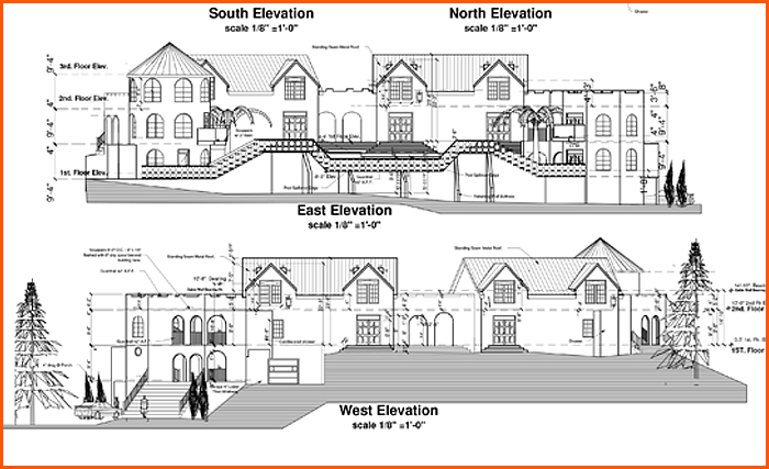 Architectural elevation drawings of a multi-story building, showing South, North, and West views with detailed dimensions.