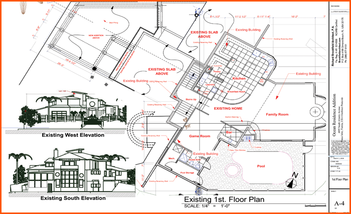 Architectural blueprint of a home's first floor plan with elevations and details. Contains a pool and landscaped areas.
