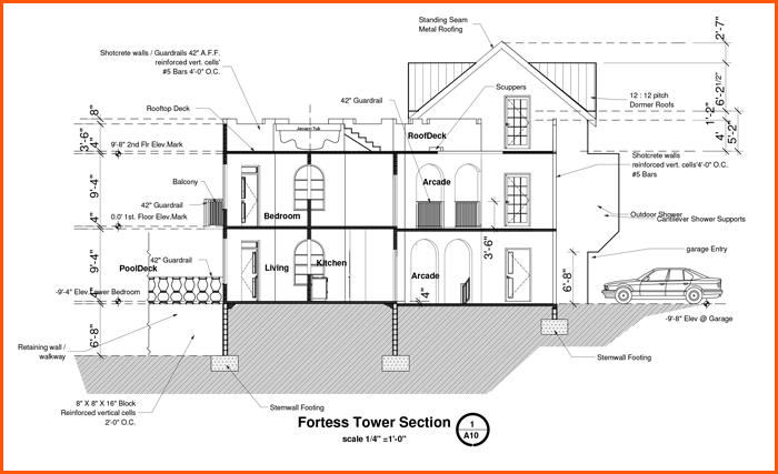 Architectural cross-section of a multi-story building labeled.