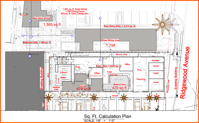 Architectural floor plan showing Ridgewood Avenue building with square footage and room labels.