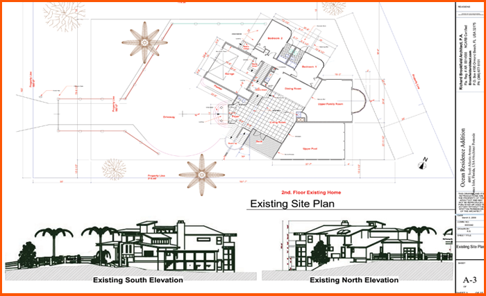 Architectural drawings: Site plan and elevations of a house, showing layout and design details.
