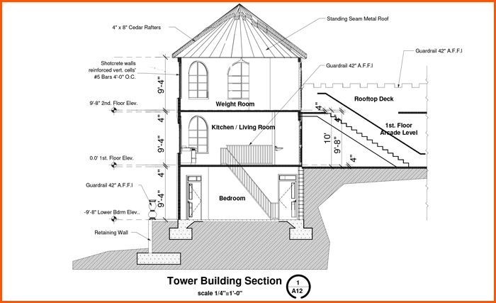 Architectural cross-section of a tower building with labeled sections including weight room.