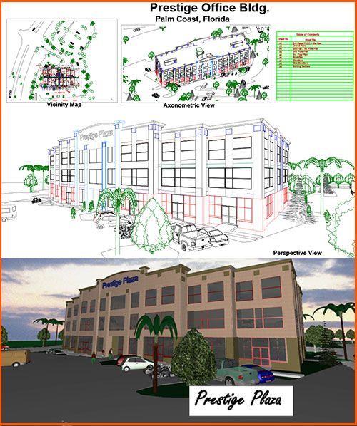 Architectural renderings of the Prestige Office Building in Palm Coast, Florida. 