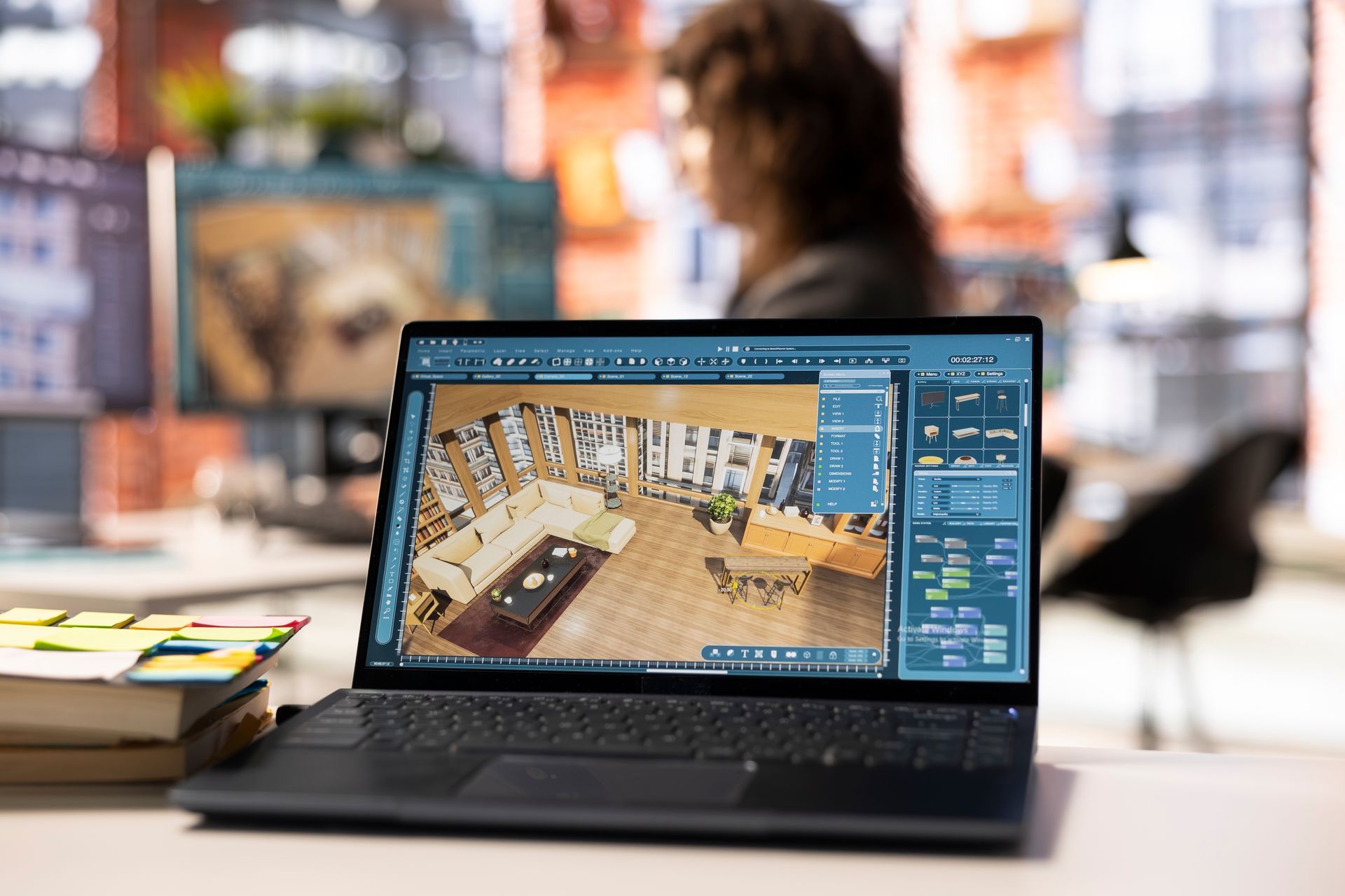 Laptop displaying interior design software, in an office. A person is working in the background.