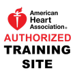 American Heart Association Authorized Training Site logo: red heart with flame, text in black and red.