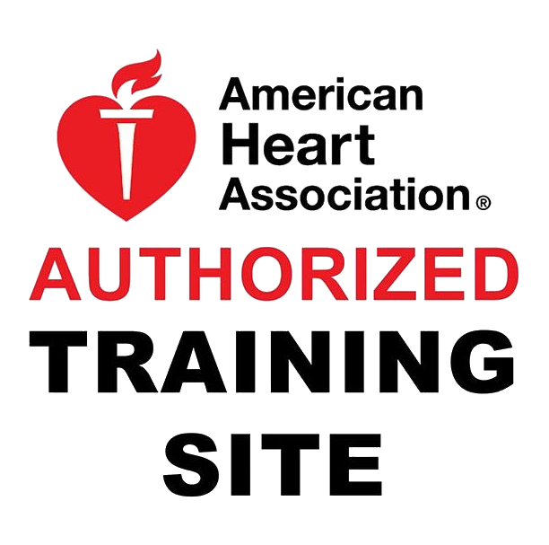 American Heart Association Authorized Training Site logo: red heart with flame, text in black and red.