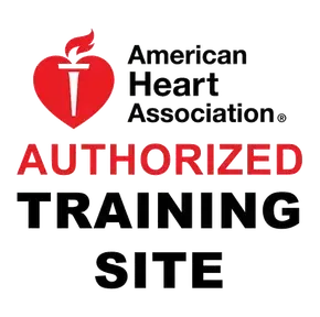 American Heart Association authorized training site logo: red heart with flame, text.