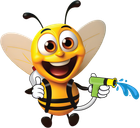Cartoon bee spraying water, smiling with thumbs up.