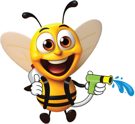 Cartoon bee spraying water, smiling with thumbs up.
