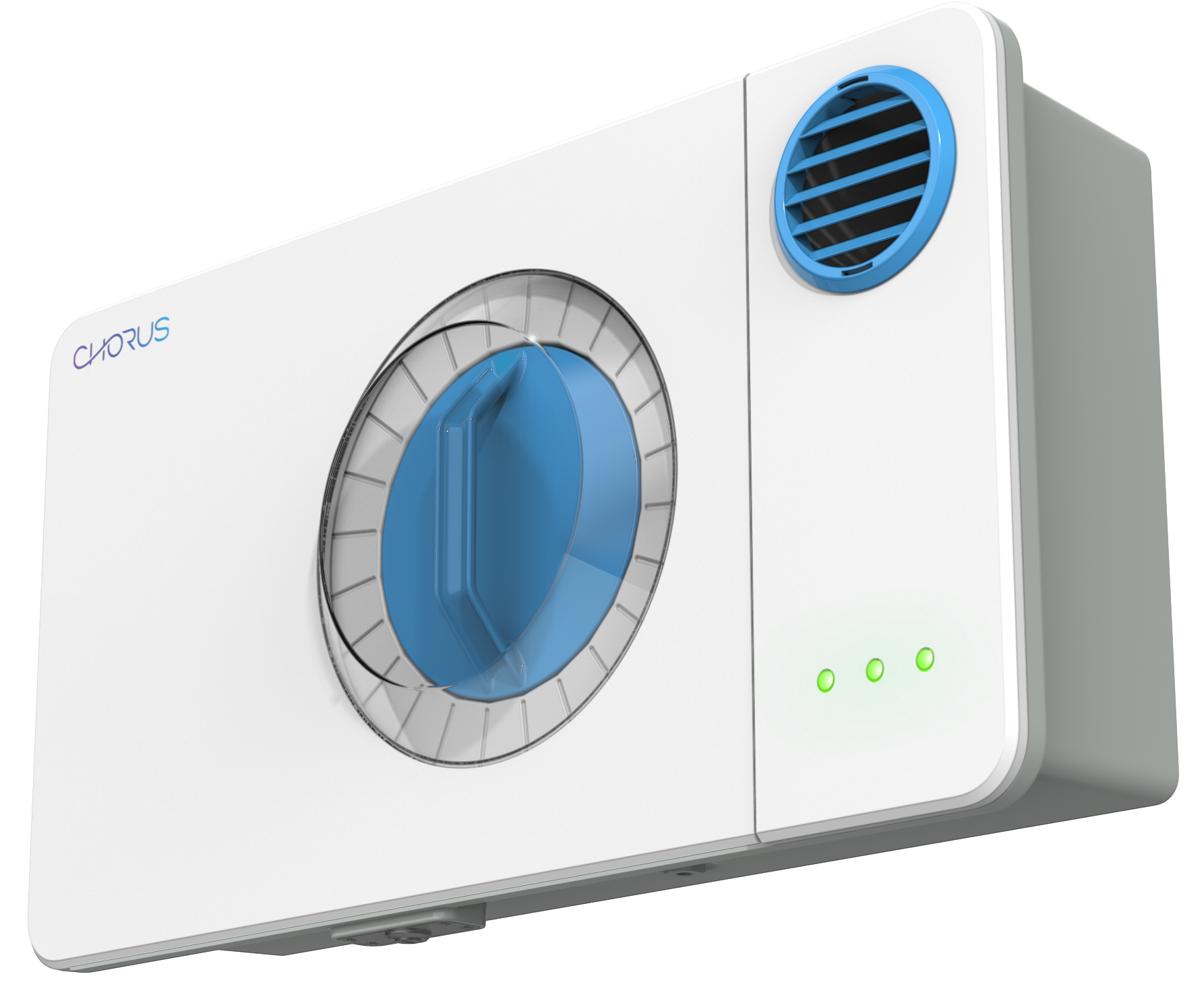 A Chorus module designed to improve air quality in indoor cannabis cultivation facilities and control odors. The odor control system is a white box with a blue knob and a blue vent on the side.