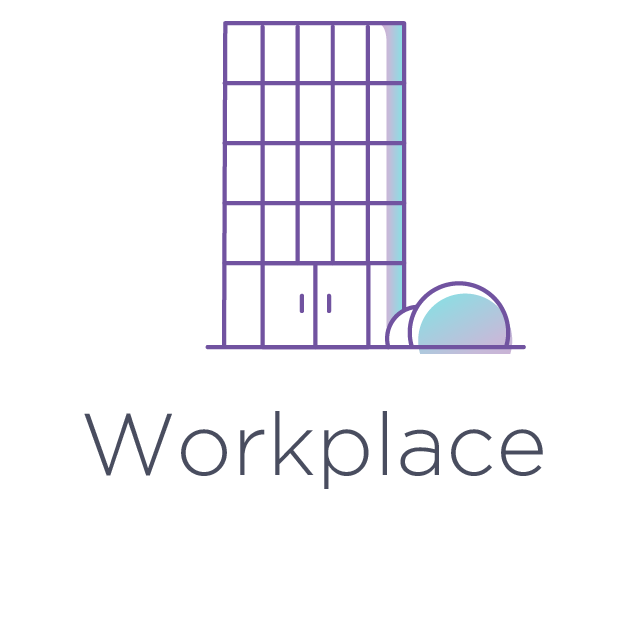 A logo for a workplace with a building and a hard hat.