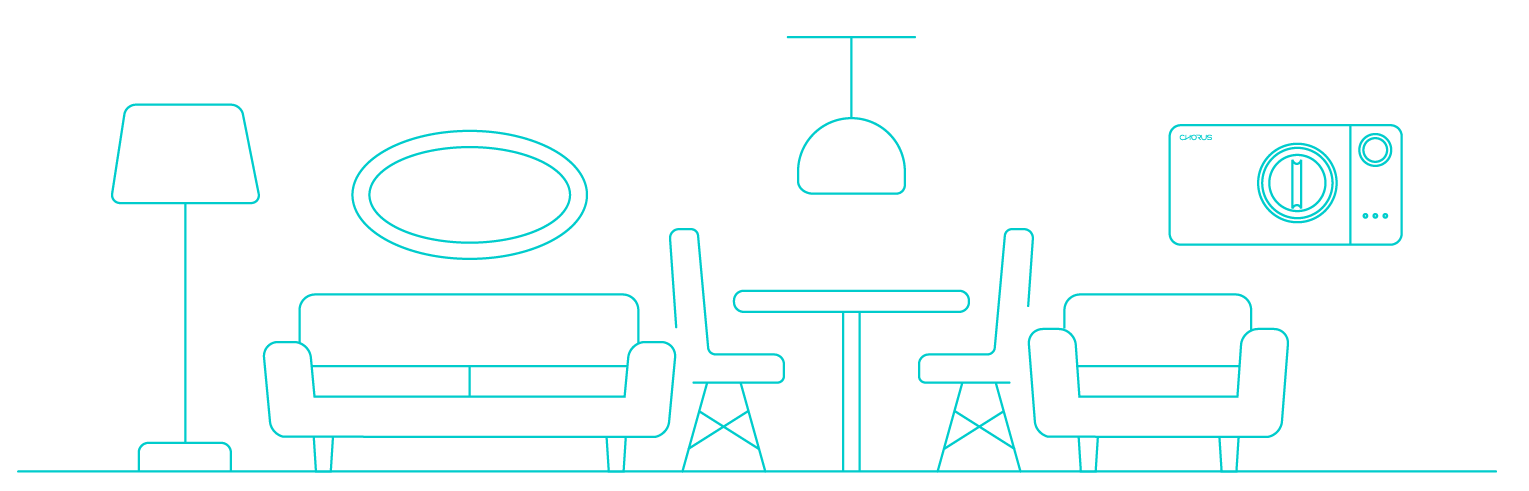 A line drawing of a comfortable and modern living room with furniture and appliances, including a Chorus  automatic air sanitizer on the wall.