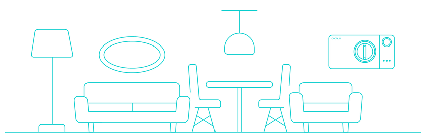 A line drawing of a living room with furniture and appliances.