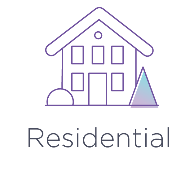 A line drawing of a house with the word residential below it.