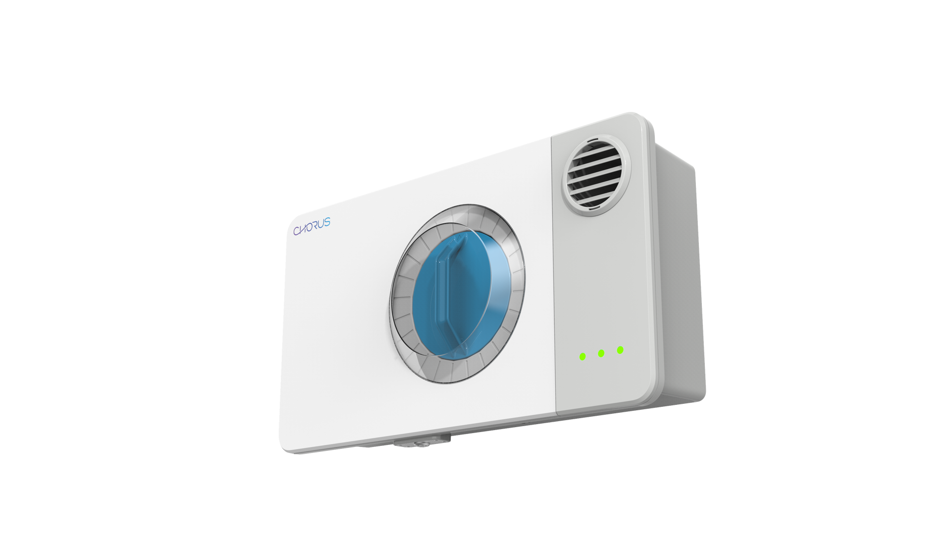 A Chorus module designed to improve air quality in indoor cannabis cultivation facilities and control odors. The odor control system is a white box with a blue knob and a blue vent on the side.