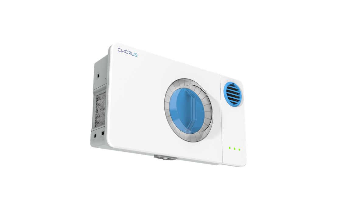 Chorus wall mounted device shown as a white box with a blue circle on it on a white background.