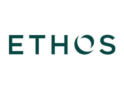ETHOS logo in dark teal with a stylized circular O on a white background
