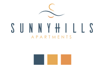 Logo for Sunnyhills Apartments: blue text and emblem over "Sunnyhills," colors include blue, orange, and gold.