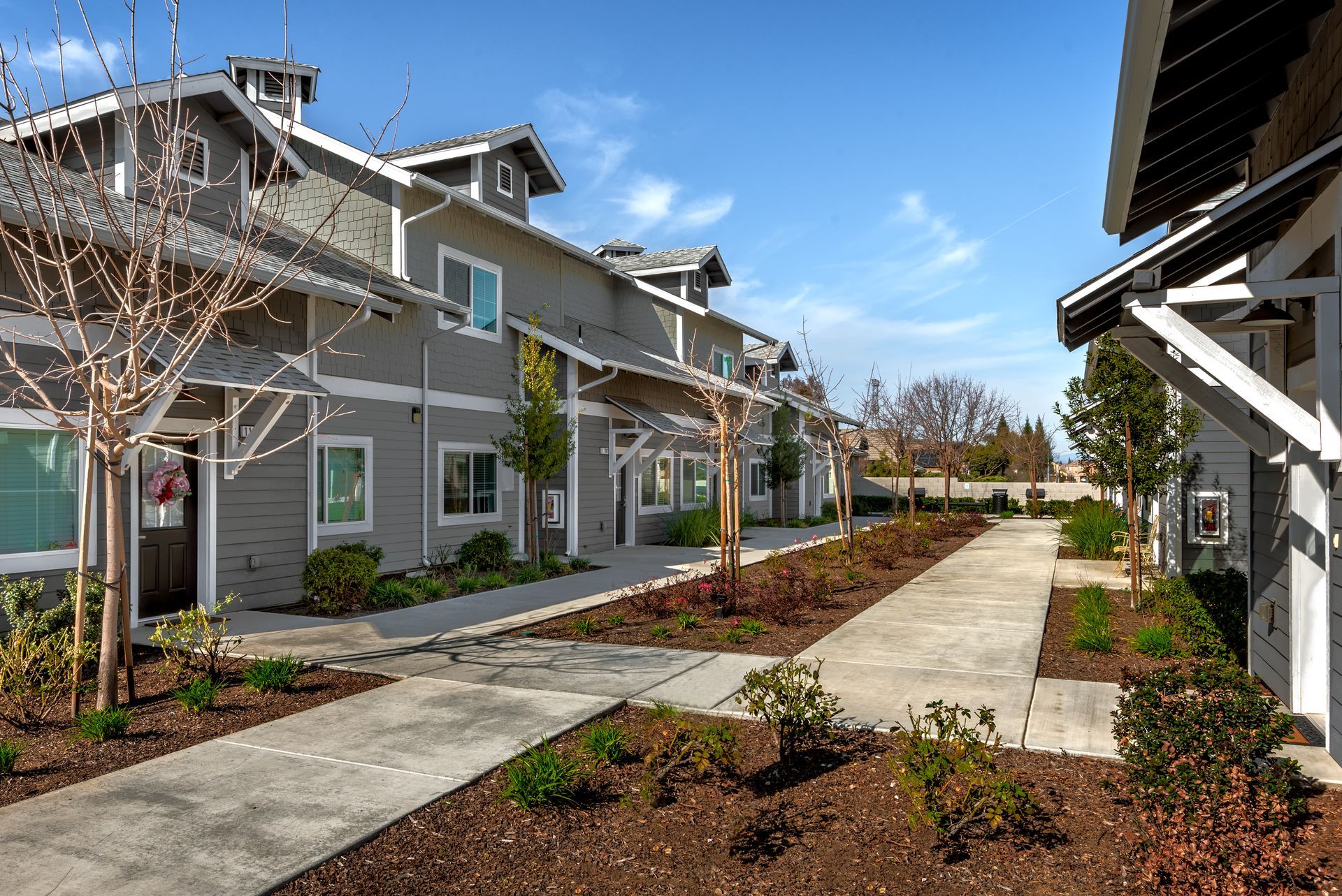 Gray multi-unit homes with covered walkways, small landscaping, and clear blue sky.