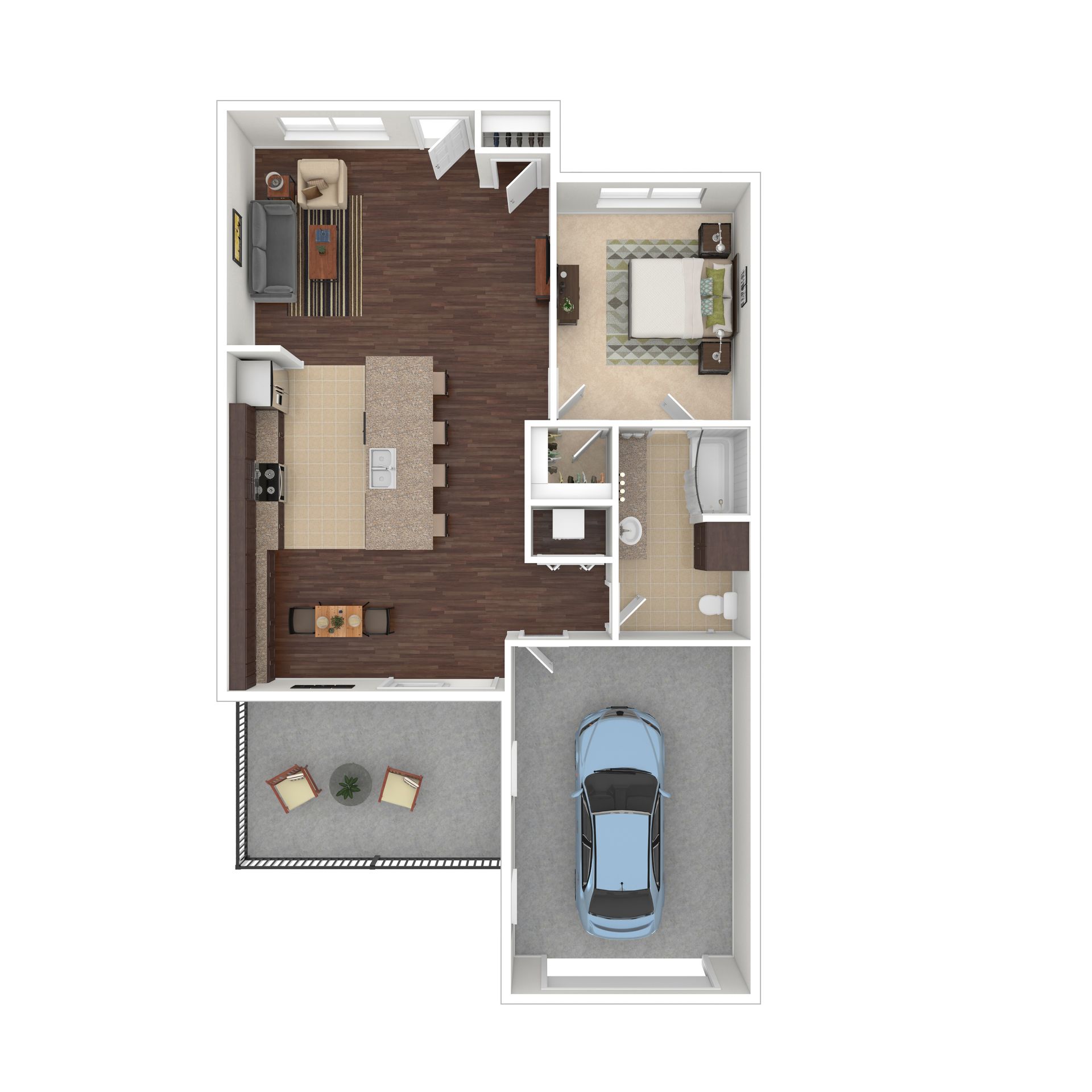 Floor plan of a one-bedroom apartment with a garage, balcony, and open-plan kitchen and living room.