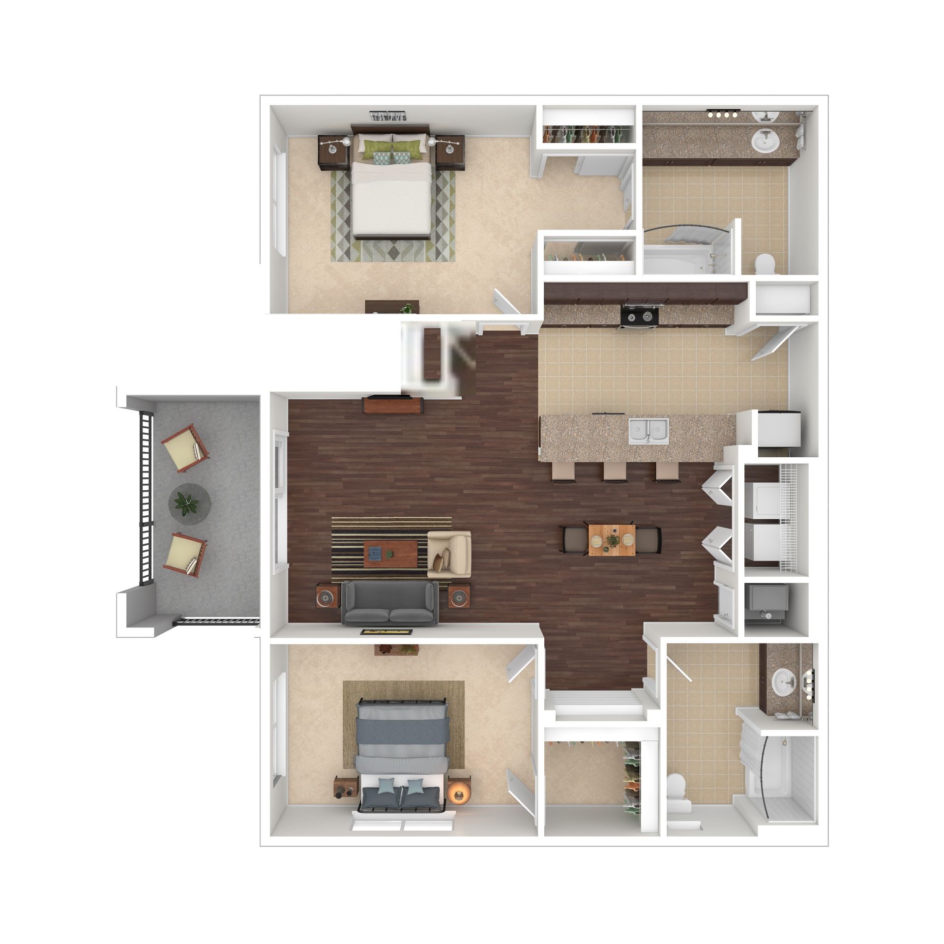 Floor plan of a two-bedroom apartment; includes a living room, kitchen, and balcony.