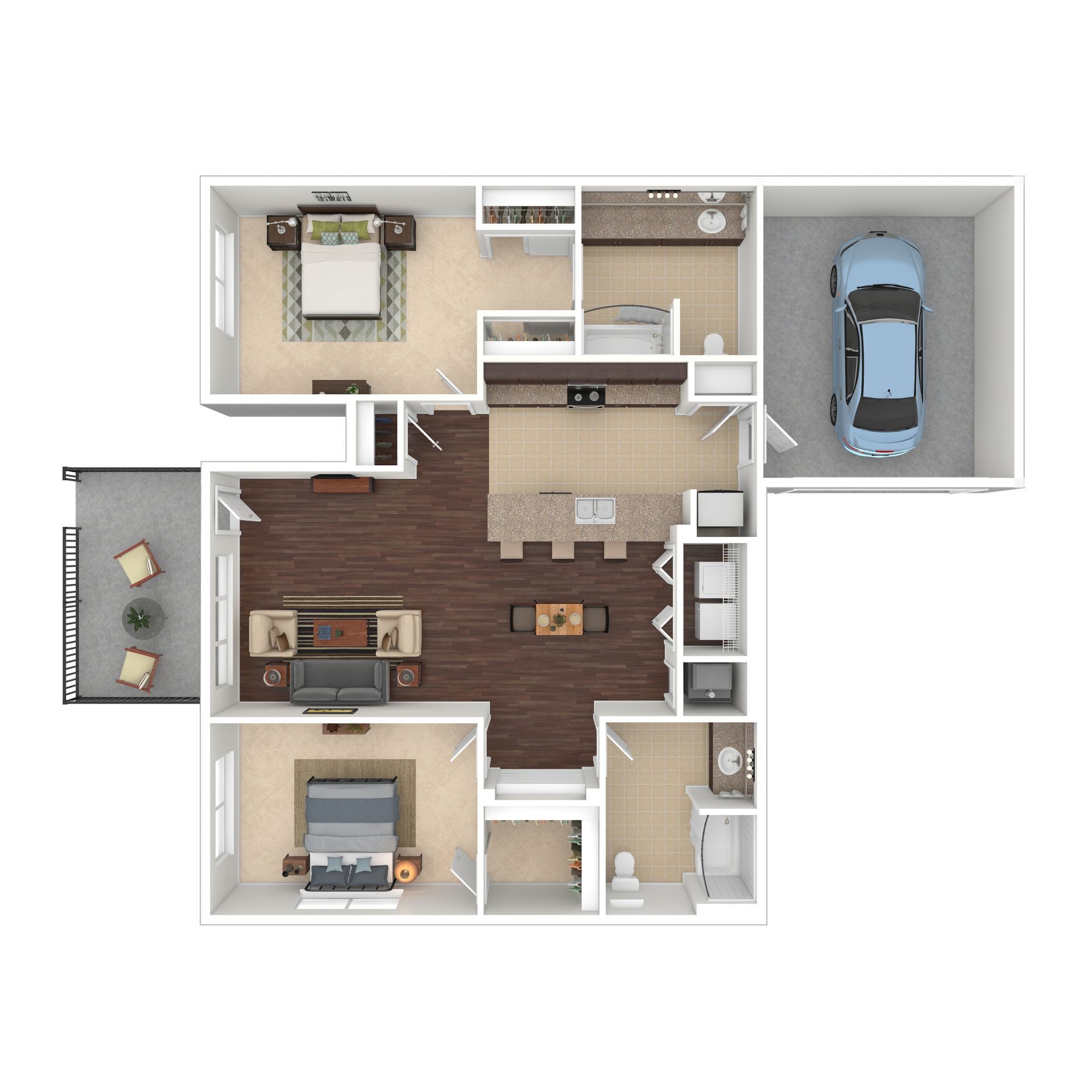 Floor plan of a two-bedroom apartment with a garage, balcony, and living spaces.