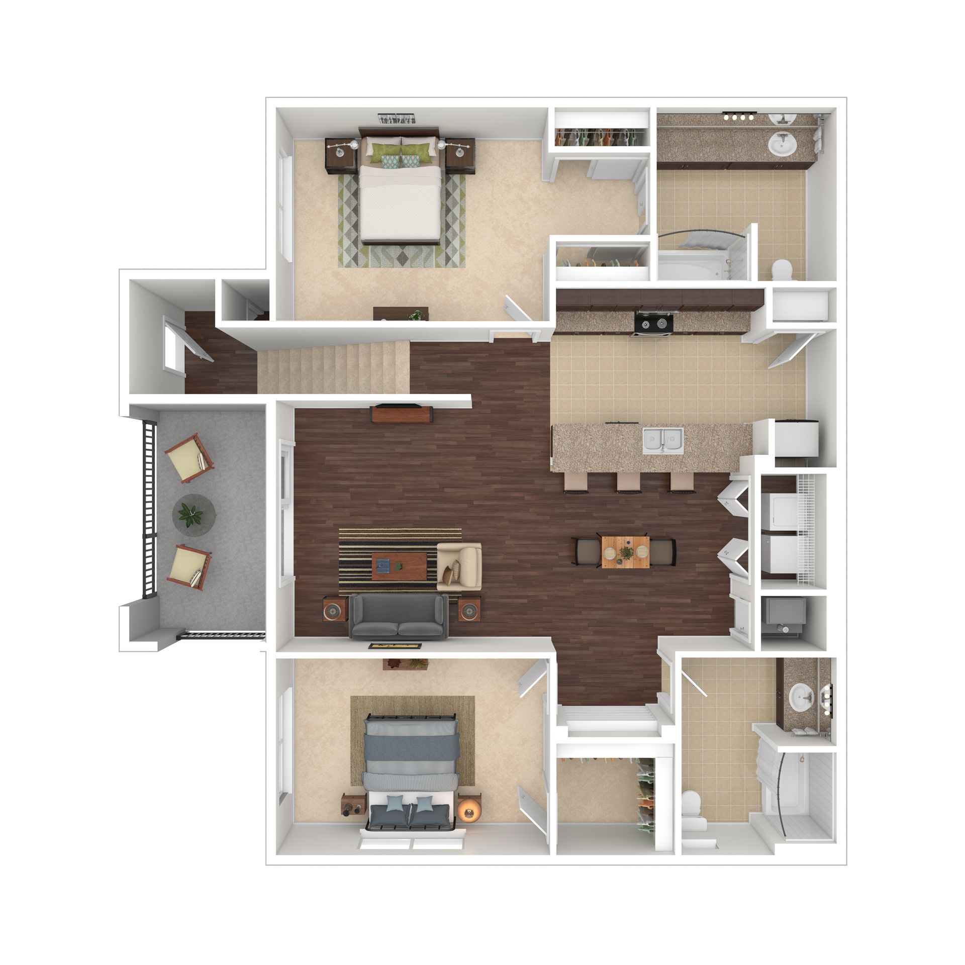 Floor plan of a two-bedroom apartment with a balcony. Brown and beige color scheme, furniture displayed.
