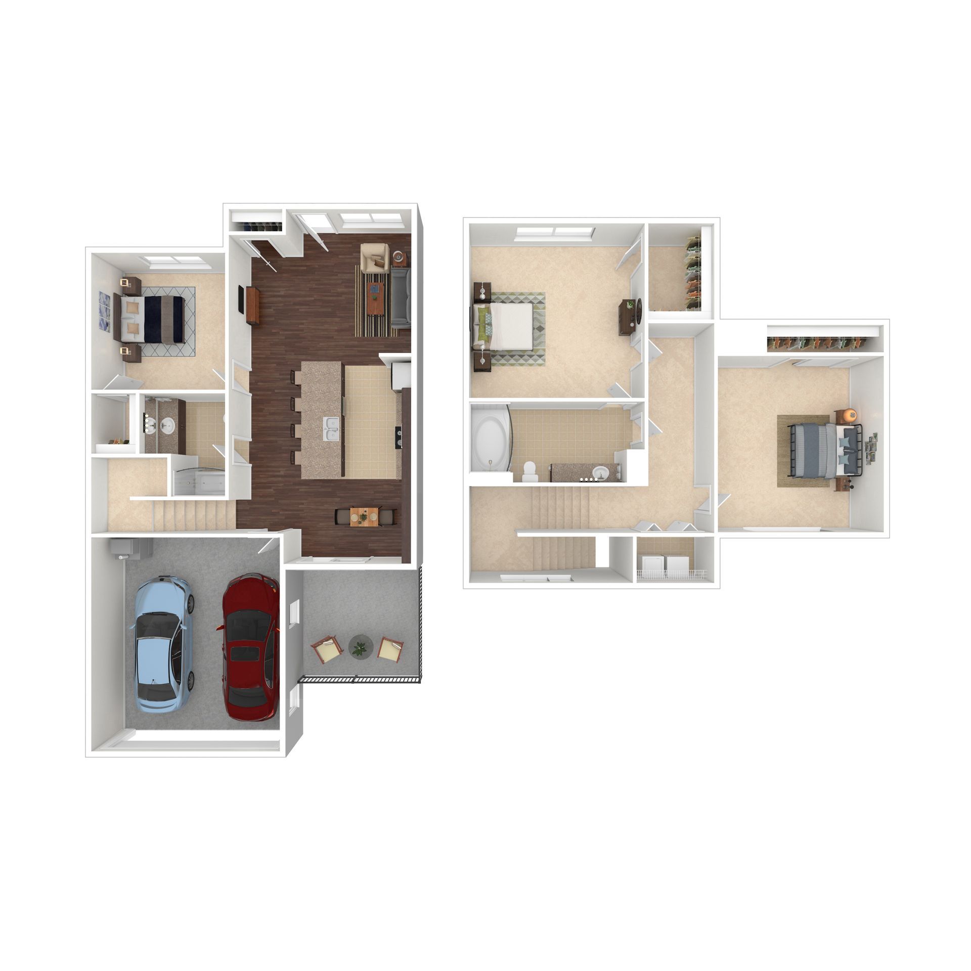 Floor plan of a multi-level townhome, showing rooms, furniture, and cars in the garage.