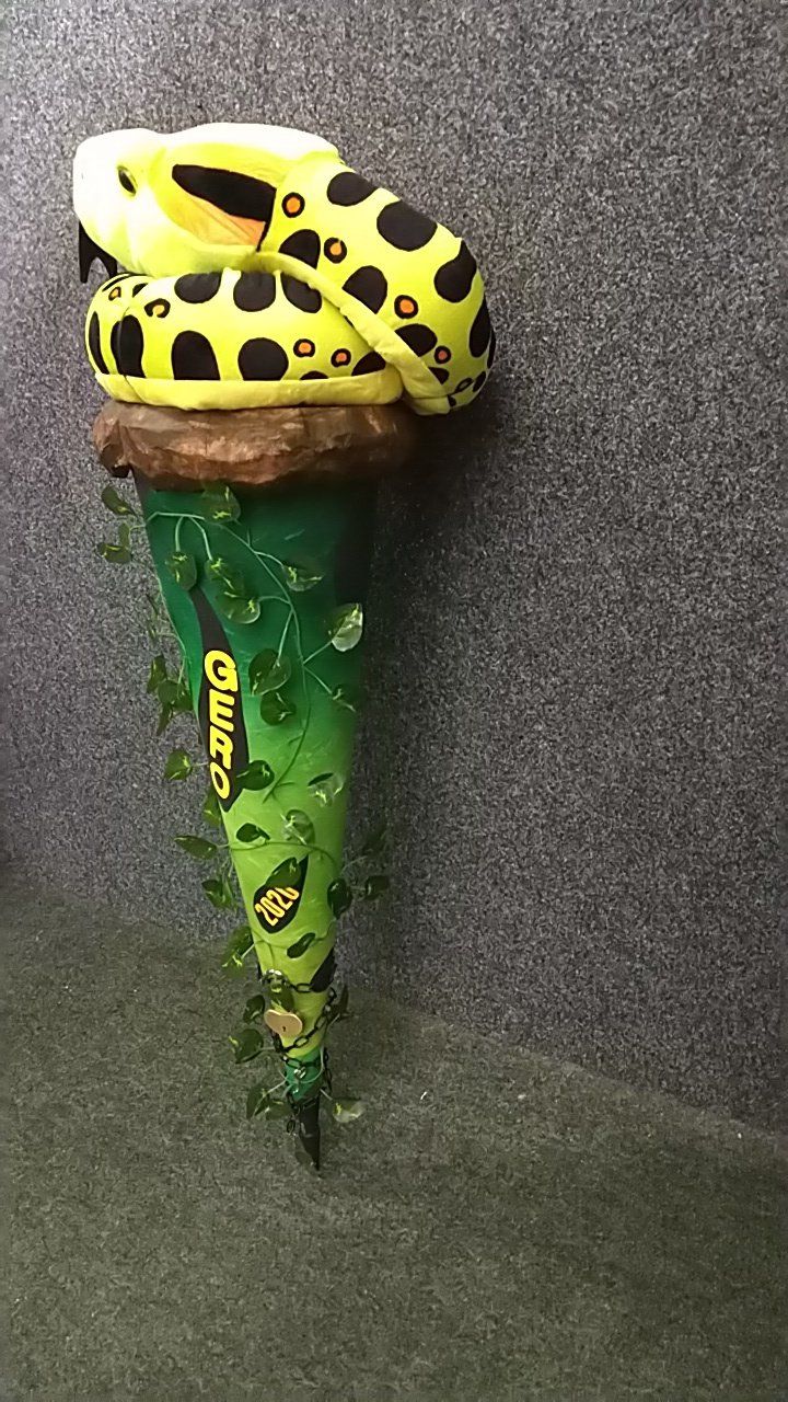 Eine gelb-schwarze Schlange sitzt auf einem grünen Kegel.