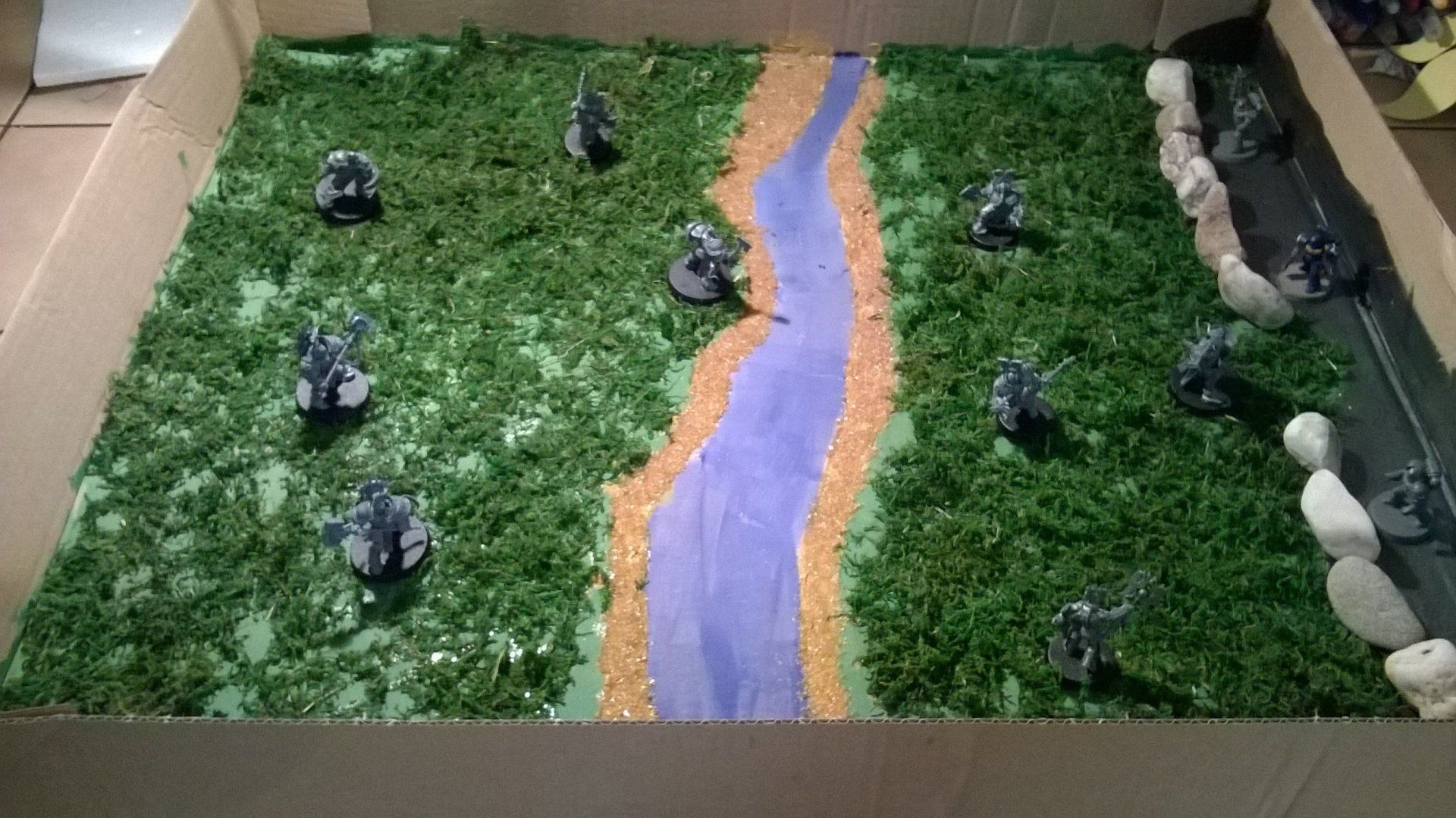 Ein mit Gras gefüllter Karton und ein Fluss.