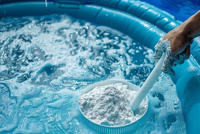 Hand holding a skimmer net full of white foam in a blue inflatable pool