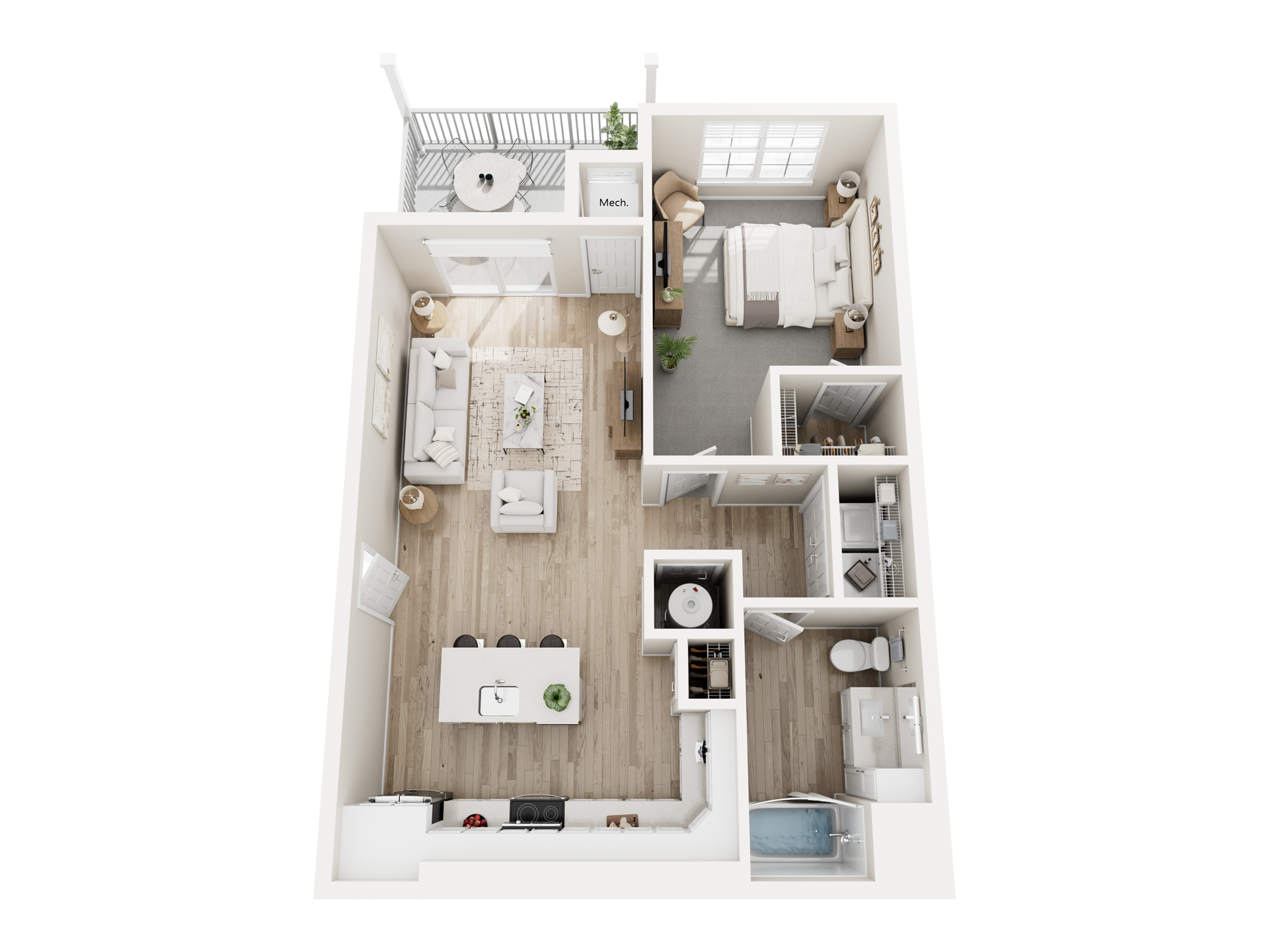 Floor plan of a one-bedroom apartment with a living area, kitchen, bedroom, and balcony.