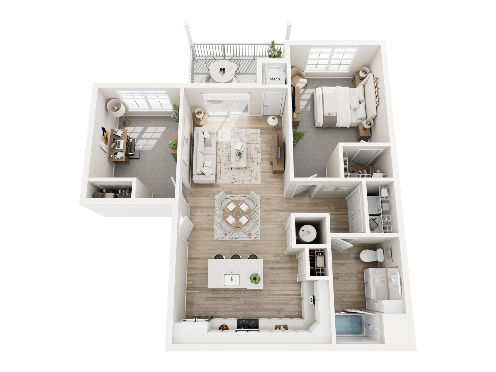 Floor plan rendering of a modern apartment with kitchen, living area, two bedrooms, and bathrooms.