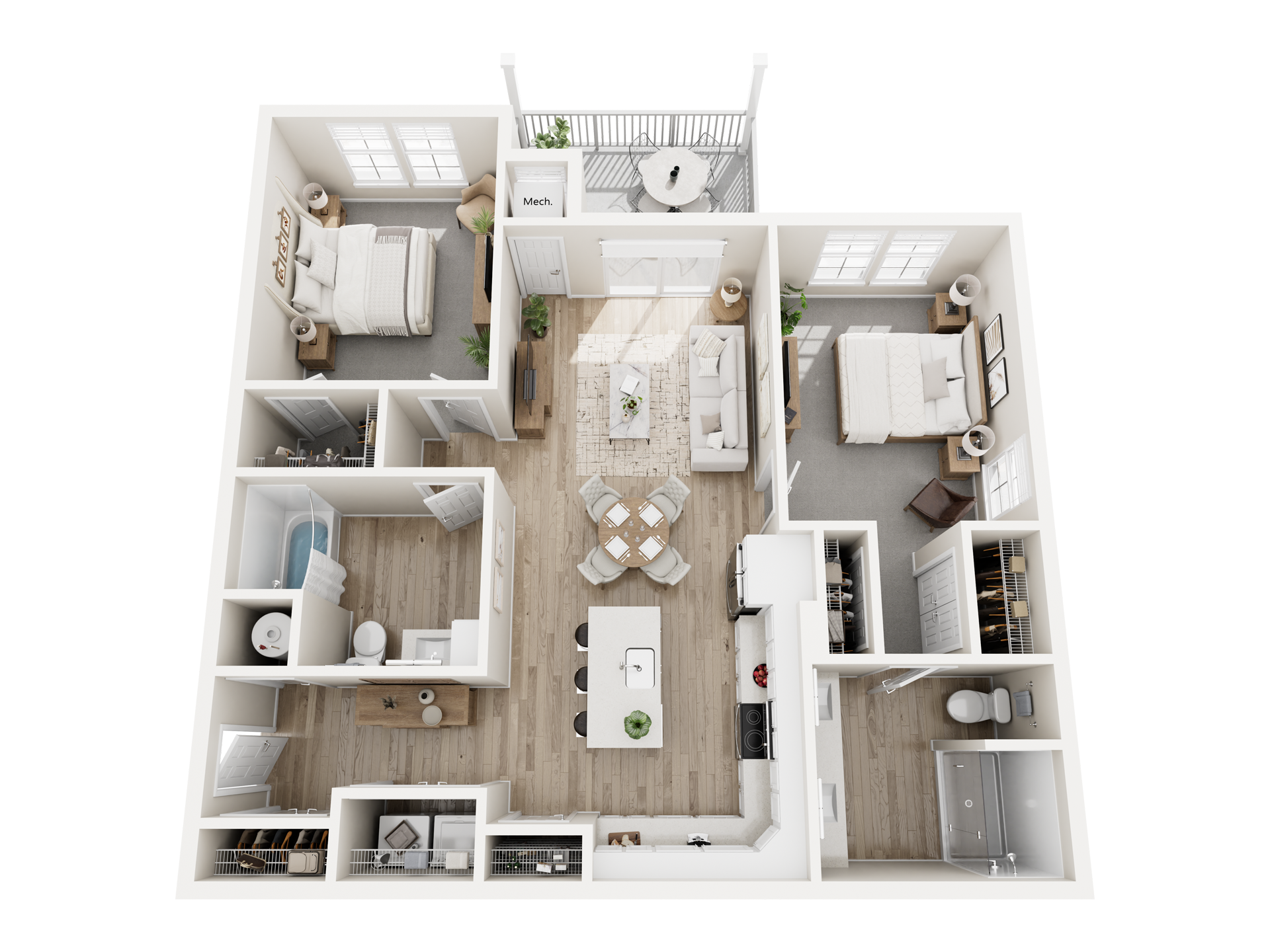 Floor plan of a two-bedroom apartment with a living area, kitchen, two bathrooms, and a balcony.