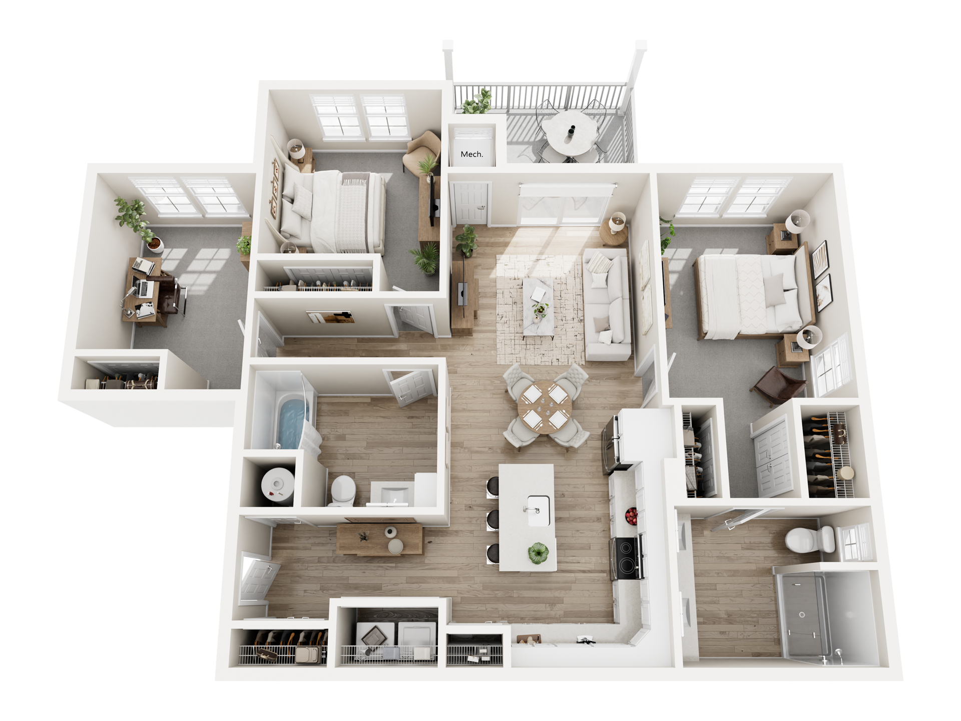 Floor plan of a modern apartment with two bedrooms, living room, kitchen, and balcony.