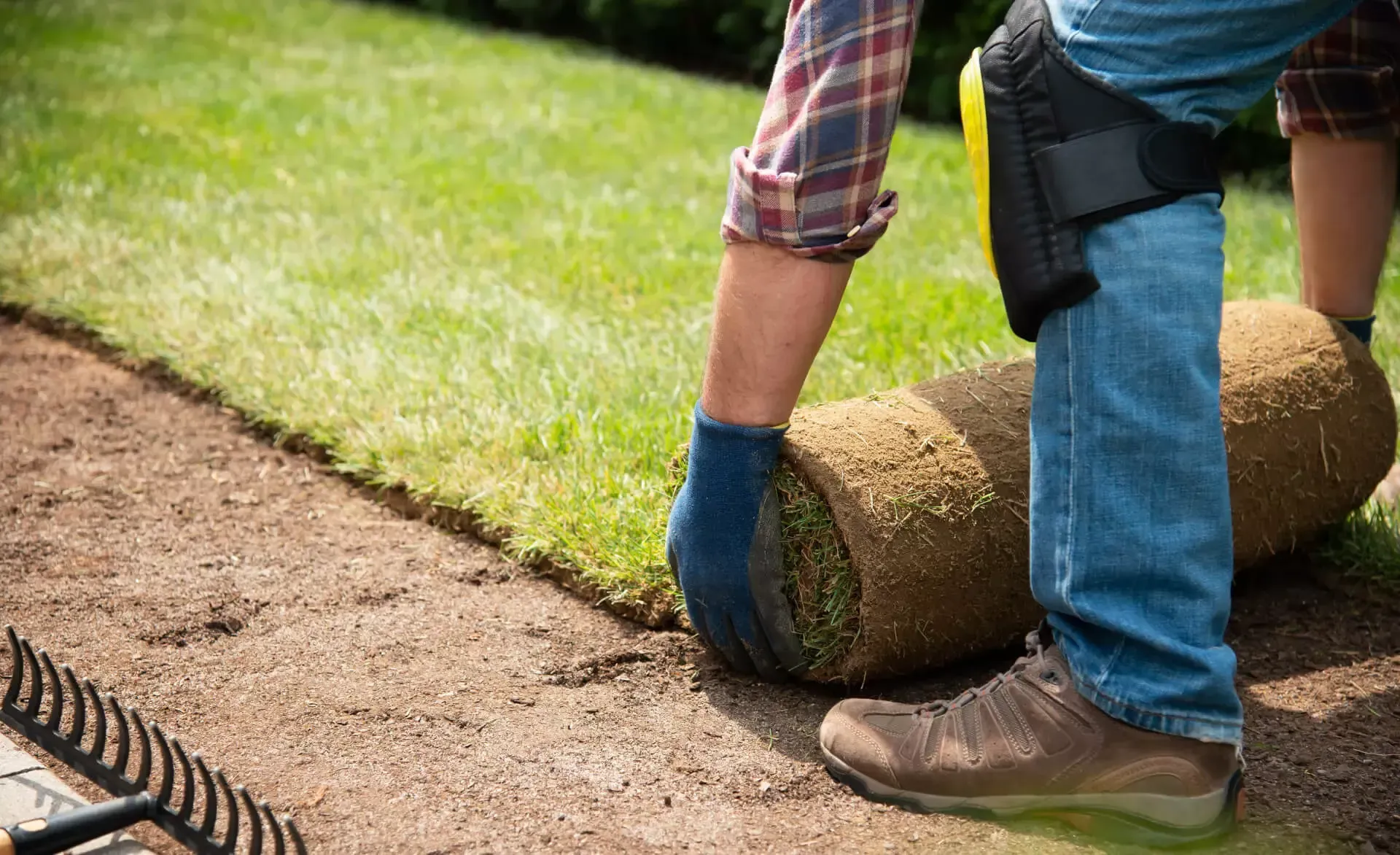 A man is rolling a roll of grass on a lawn.