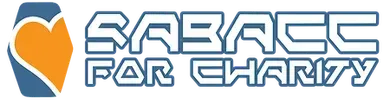 Logo for Sabacc for Charity with a heart and text, blue and orange colors.
